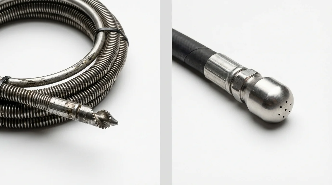 Drain snake cable and hydro jetting nozzle used for drain cleaning in Trenton, NC