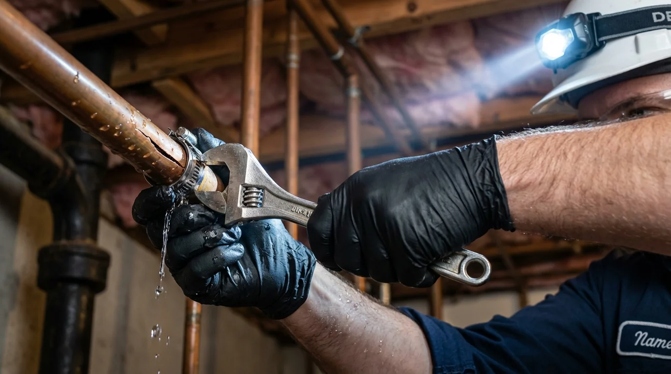 Emergency pipe clamp repair being performed by a Johns Plumbing LLC plumber in Trenton