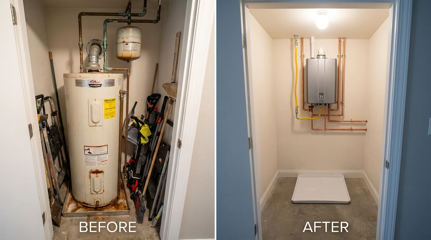 Tank water heater versus wall-mounted tankless unit comparison for Trenton, NC homeowners