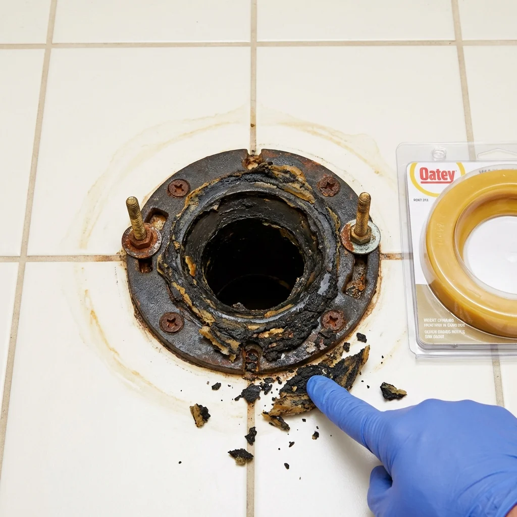 Failed wax ring showing water seepage at the base of a toilet in a Trenton, NC home