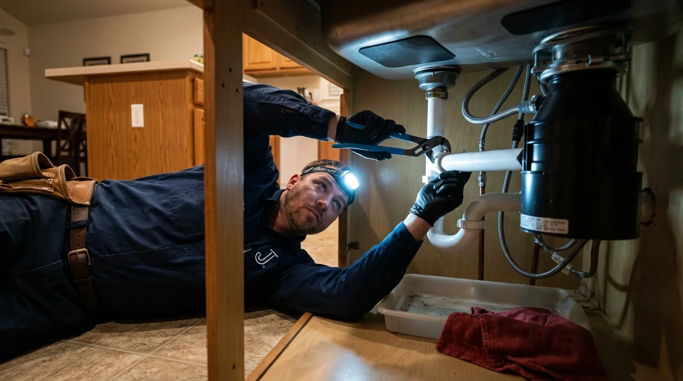 P-trap and supply line connections under a kitchen sink showing a common leak point in Trenton, NC